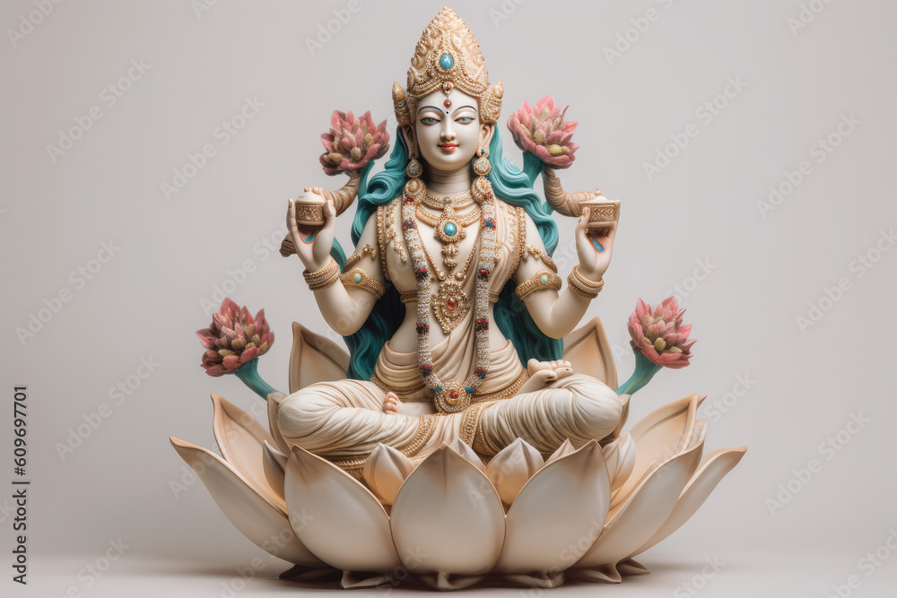 Statue Hindu Goddess Lakshmi with flowers - Goddess of wealth and fortune