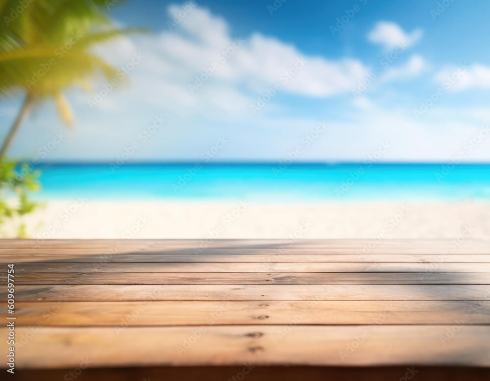 Empty wooden table top against blurred sea and sky and palm trees.Tropical background. The background can be used for mounting or displaying your products.Generative AI