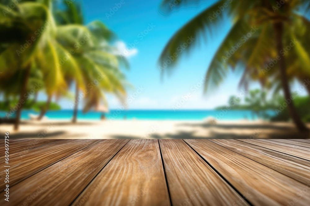 Empty wooden table top against blurred sea and sky and palm trees.Tropical background. The background can be used for mounting or displaying your products.Generative AI Empty wooden table top against blurred sea and sky and palm trees.Tropical background. The background can be used for mounting or displaying your products.Generative AI