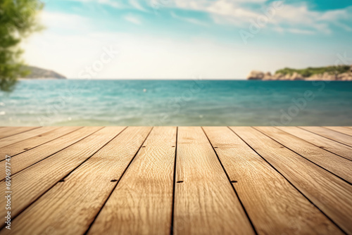 Empty wooden table top against blurred sea and sky. The background can be used for mounting or displaying your products. Generative AI