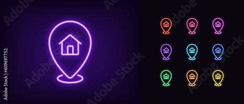 Outline neon home pointer icon set. Glowing neon map pin with house sign, booking apartment service, location marker. Home and apartment rent, cottage location, house address position