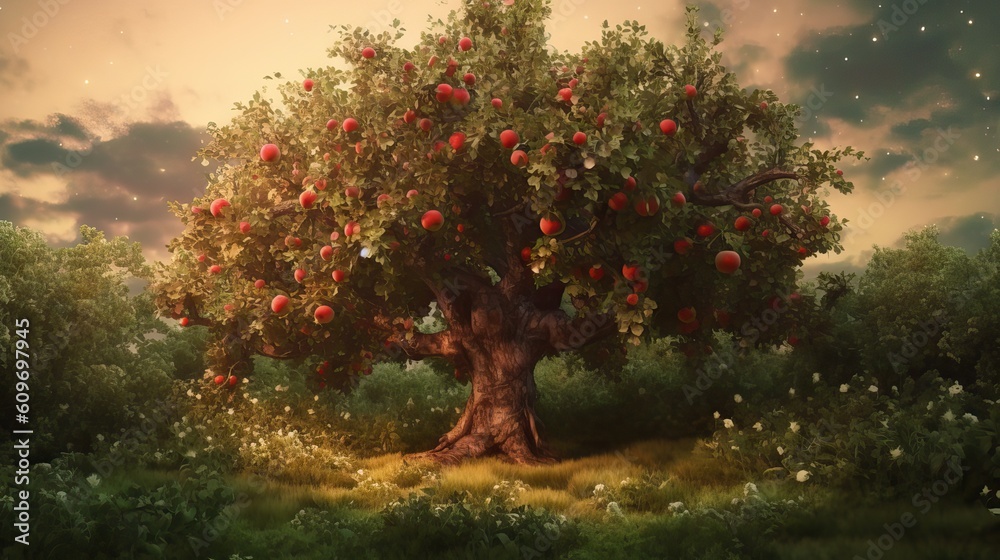 Illustration of a beautiful apple tree filled with apples, a symbol of fruitful abundance. Generative AI