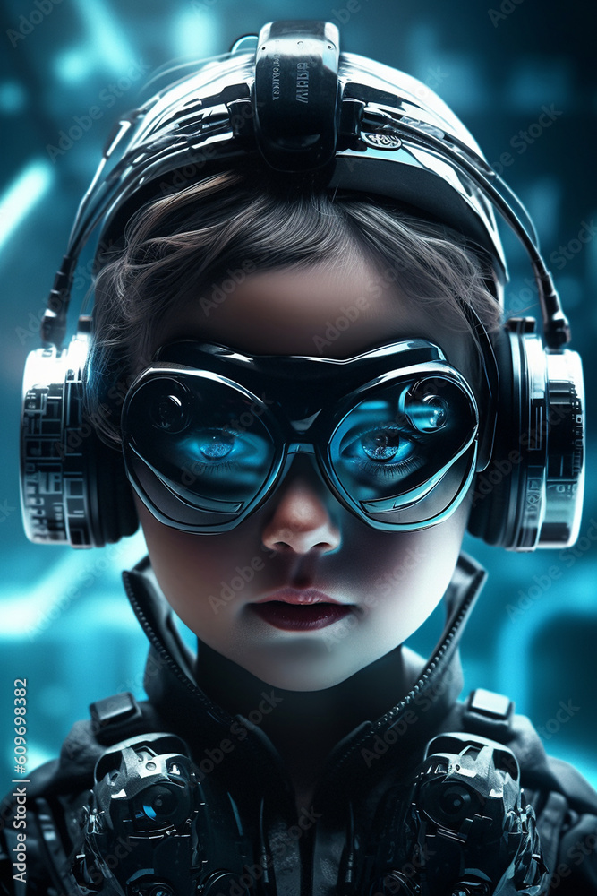 Hübsches Kind in Cyper Techno Outfit mit ernsten Blick und Brille Nahaufnahme, ai generativ Hübsches Kind in Cyper Techno Outfit mit ernsten Blick und Brille Nahaufnahme, ai generativ