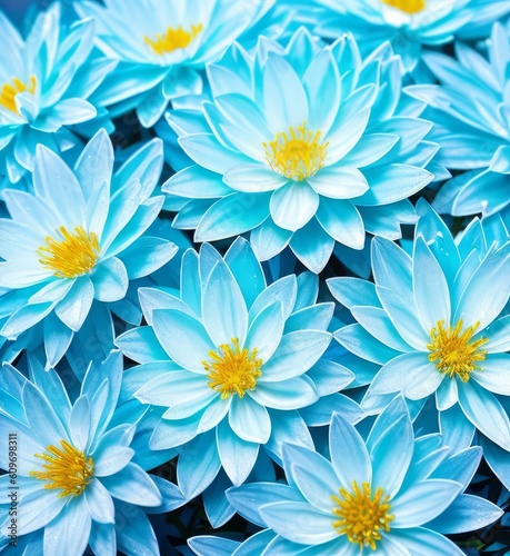Beautiful blue flowers on a blue background, chrysanthemums, daisies, flowers with water drops, Generative AI Art Illustration 01