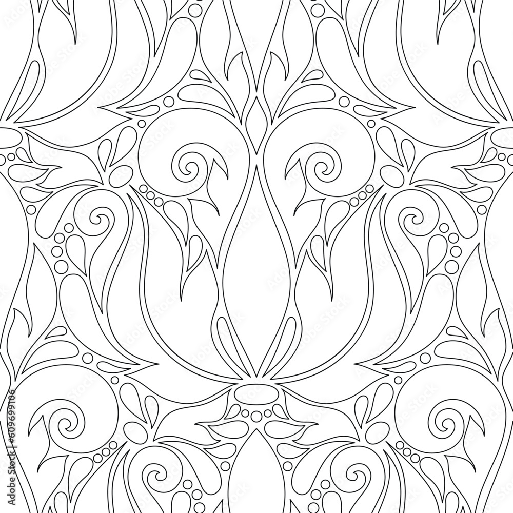 Floral Vintage Seamless Pattern in Paisley Style. Decorative Composition with Natural Motifs. Abstract Ornate Art. Vector Contour Illustration Coloring Book Page