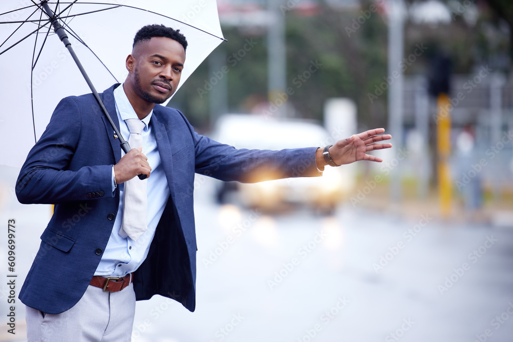 African business, man and transport with wave, taxi or bus in metro street with umbrella in winter rain. Black businessman, city and road for transportation, travel and stop with hand, sign or call