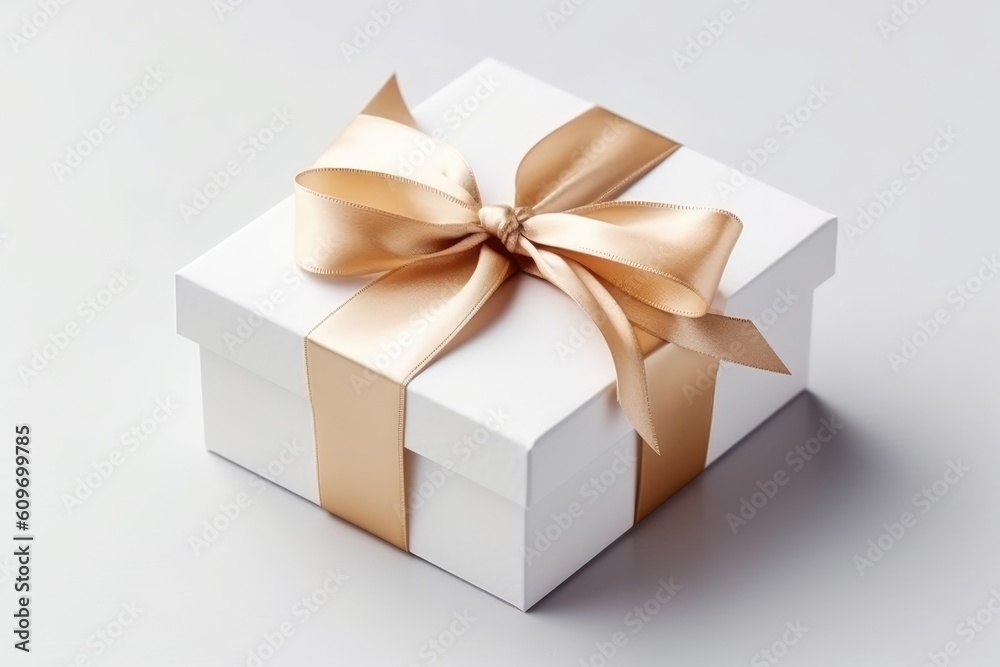 Obraz premium Gift box with satin ribbon and price tag bow on white Generated AI