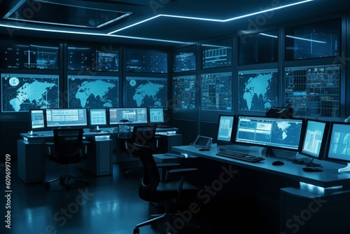 Futuristic Control Room: Symbolizing Surveillance and Data Monitoring with Monitors Displaying Data generative AI