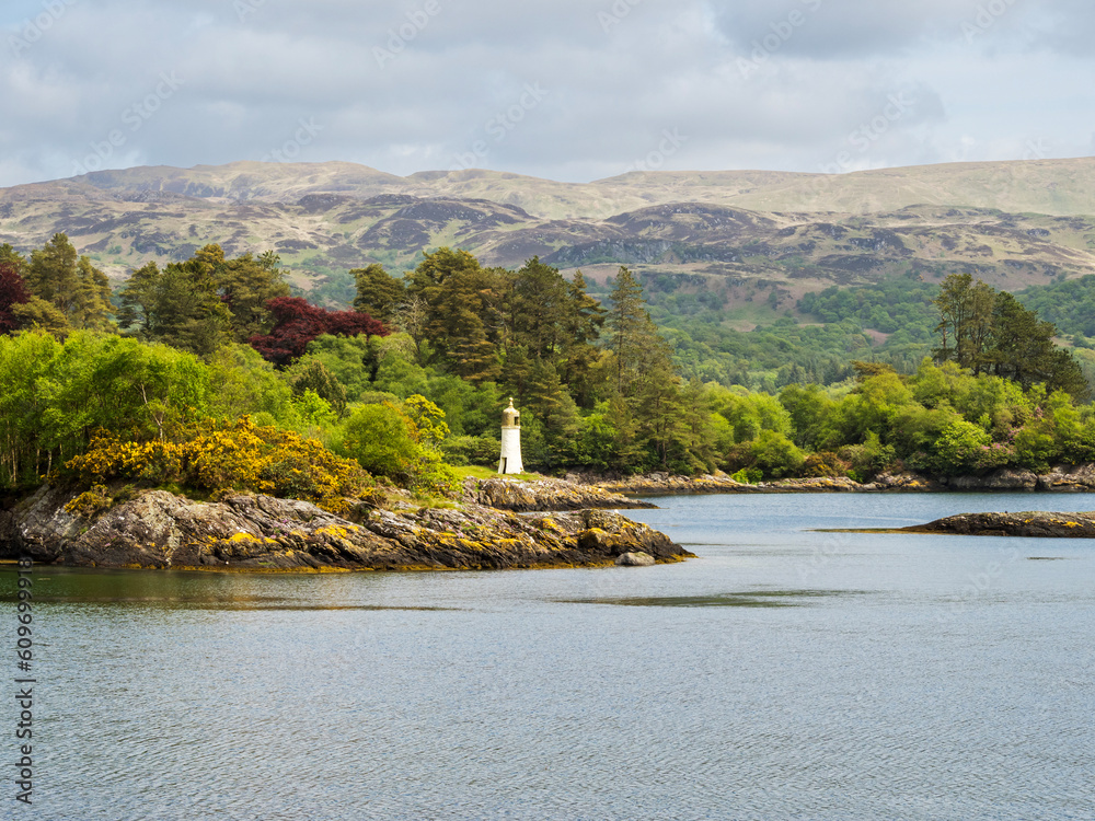 View of Caladh Lighthouse in Glen Caladh Harbour, Argyll, Scotland