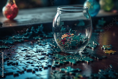 Abstract Composition of Jigsaw Puzzle Pieces on Glass Table: Symbolizing Problem-Solving and Business Solutions generative AI
