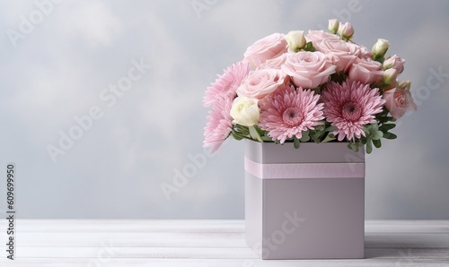 Floral bouquet of different flowers, bunch of flowers. pink roses, Chrysanthemum. Ai Generated.