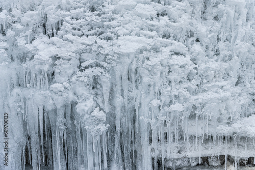 Ice. Frozen river. Water frozen in ice in a pond.