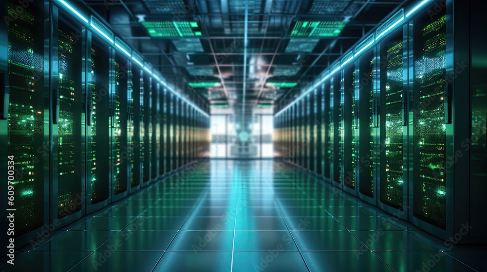 Shot of Corridor in Working Data Center Full of Rack Servers and Supercomputers. Created with generative AI technology. Shot of Corridor in Working Data Center Full of Rack Servers and Supercomputers. Created with generative AI technology.