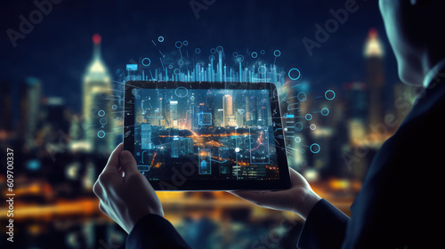 Smart city concept, icons on digital tablet screen that carrying businessman hand on blurry megapolis city background. Created with generative AI technology.