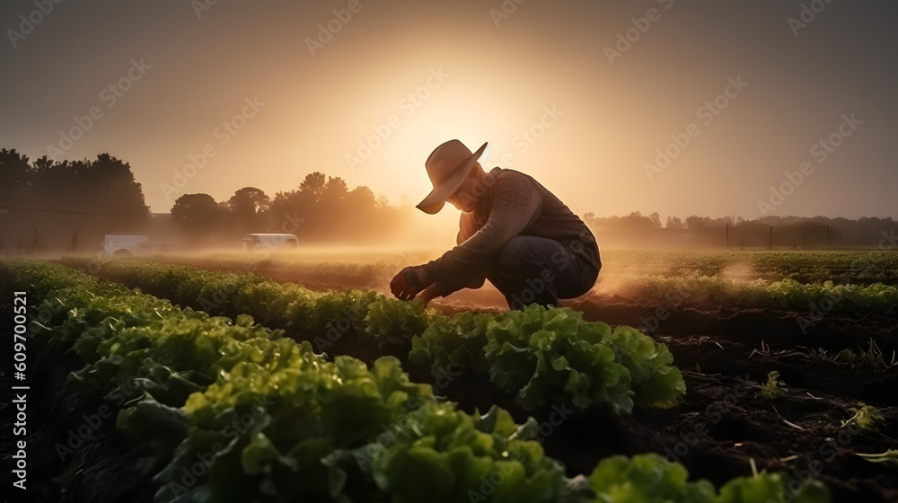 Fototapeta premium plowing, plantation, farmer, family farming, field, lettuce plantation, plantation, generative ai