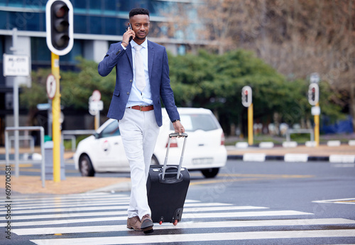 Travel  phone call and suitcase with black man in city for business trip  communication and networking. Journey  flight and luggage with male employee in street for contact  social media and mobile