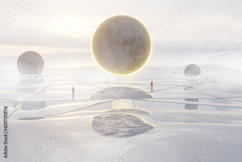 3d Render, Scifi Landscape Futuristic night post apocalyptic scenario with abstract alien landscape and moonlight glow in neon light.