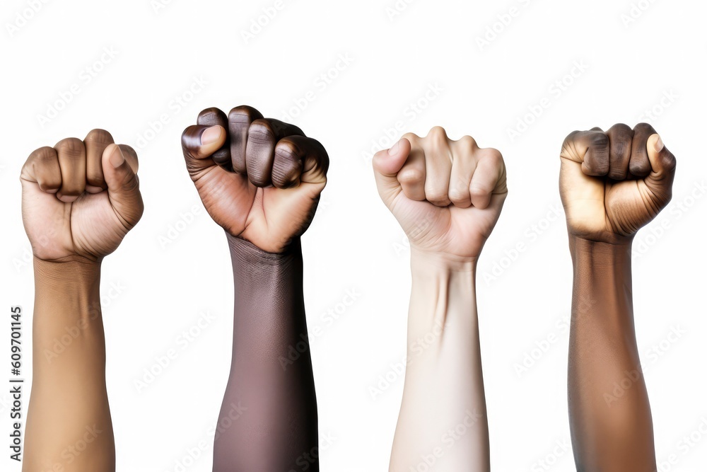 Close up of human hands with clenched fists isolated on white background. Protest Concept. Generative AI Close up of human hands with clenched fists isolated on white background. Protest Concept. Generative AI