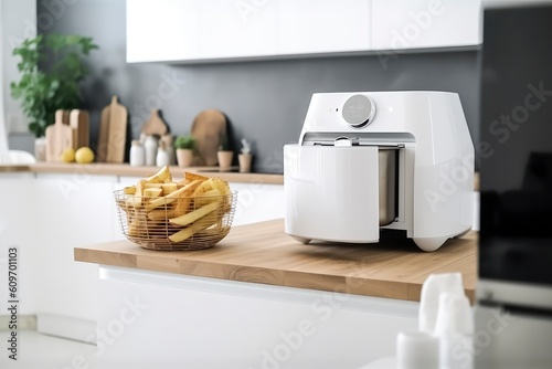 Modern kitchen with Air Fryer, french fries machine on wooden table. Generative AI