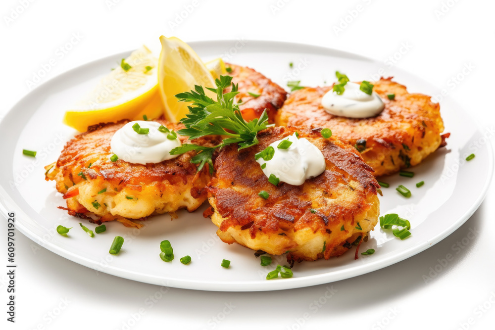 Delicious Plate of Crab Cakes Isolated on a White Background. Generative AI Delicious Plate of Crab Cakes Isolated on a White Background. Generative AI