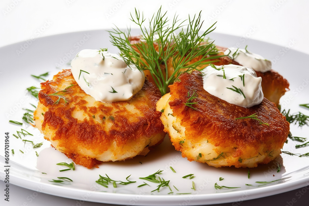 Delicious Plate of Crab Cakes Isolated on a White Background. Generative AI Delicious Plate of Crab Cakes Isolated on a White Background. Generative AI