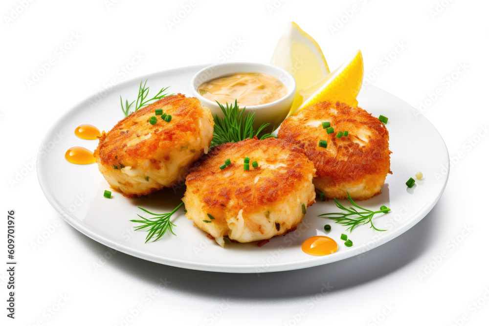 Delicious Plate of Crab Cakes Isolated on a White Background. Generative AI Delicious Plate of Crab Cakes Isolated on a White Background. Generative AI