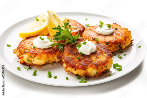 Delicious Plate of Crab Cakes Isolated on a White Background. Generative AI