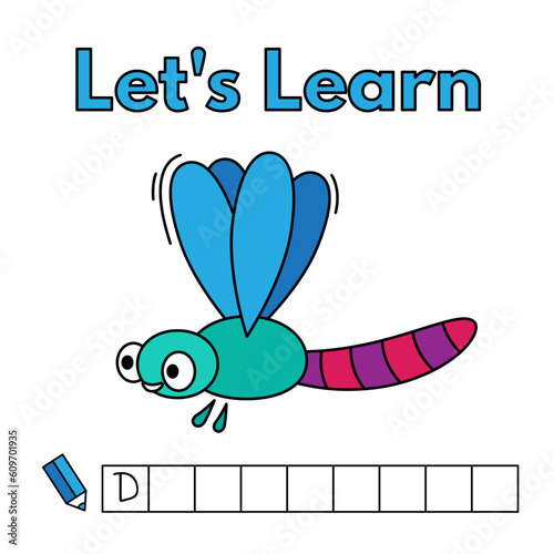 Cartoon dragonfly learning game for small children - write the word. Vector illustration for kids