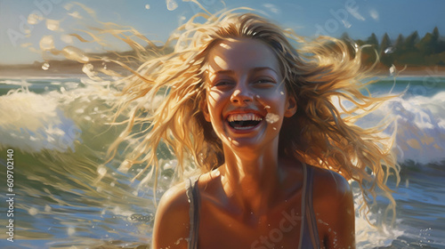 A young woman radiating happiness as she splashes through ocean waves on a sunny beach Generative AI © Наталья Евтехова