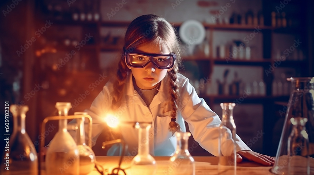 The girl wearing a lab coat and safety goggles, conducting a chemistry ...