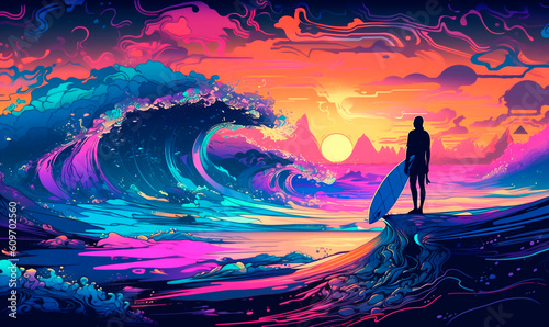 Surfer looking at neon wave futuristic background. Neon 3d evening storm waves with synthwave generative AI natural splashes and setting sun on horizon with purple sky © Kyryl