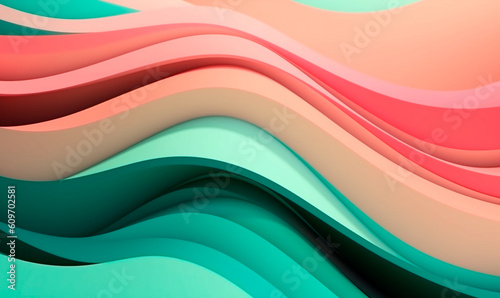 Pink flowing lines with green wave background. Volumetric smooth lines with 3d generative AI warp. Geometrically abstract elegant stream with sleek curved design