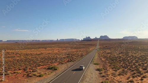 Immerse yourself in the stunning vistas of Monument Valley, Arizona, as our drone takes you on a breathtaking journey.