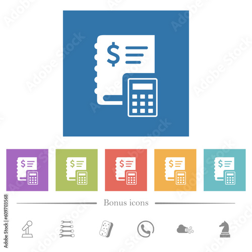 Dollar ledger flat white icons in square backgrounds