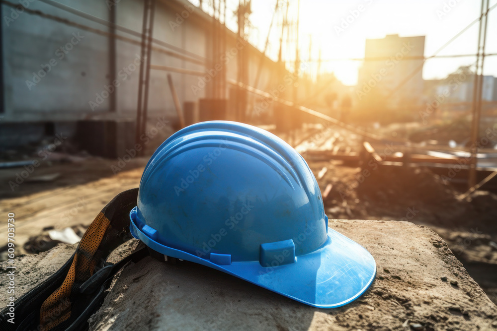 blue hard hat in a factory, building construction. workplace safety. ai, ai generative