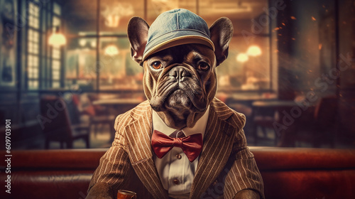 Generative AI. A gentleman French Bulldog, dressed in a gentleman's suit and wearing a hat with