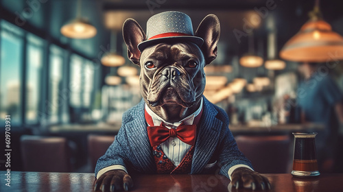 Generative AI. A gentleman French Bulldog, dressed in a gentleman's suit and wearing a hat with