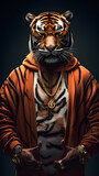 rapper tiger dressed as rapper in tiger skin jacket, generative ai
