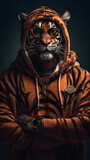 rapper tiger dressed as rapper in tiger skin jacket, generative ai