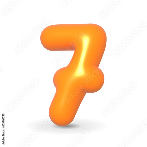 Luxury, colorful and lustrous orange balloon digit seven. 3d realistic illustration isolated on white background. For Party, Events, Anniversary.