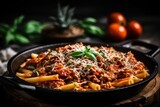 Pasta Bolognese in the skillet at the black table. Traditional Italian food generative AI
