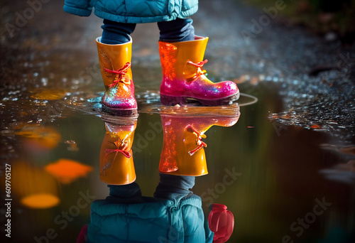 Children's feet in multi-colored bright boots walk on the water after the rain. AI Generated