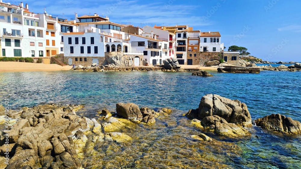 Panorama of the beach in the Spanish city of Calella de Palafrugell in spring 2023