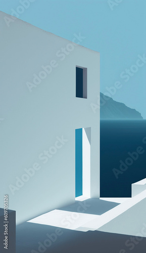 Greece Whitewashed Blue Sky Minimal Background Generative AI