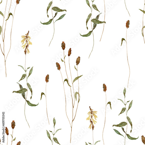 Watercolor delicate wildflowers, green herbs floral seamless pattern. Blooming meadow tile. Hand drawn elegant, botanical background. Repeatable texture, wrapping paper,wallpaper, fabric, textile
