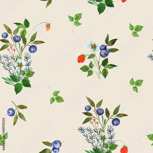 Watercolor delicate wild berries, green grouth floral seamless pattern. Blueberry, strawbery tile. Hand drawn elegant, botanical background. Repeatable texture, paper,wallpaper, fabric, textile photo