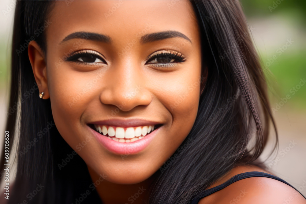 Fototapeta premium Portrait of young attractive laughing ebony woman. Generative AI