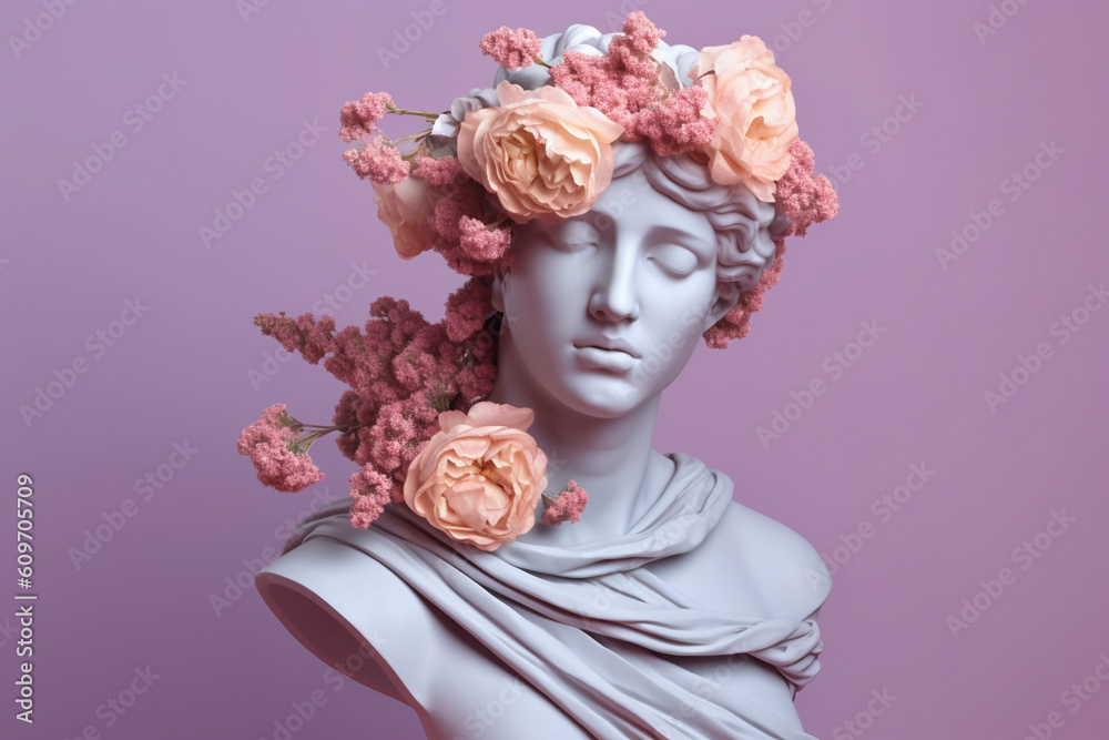 Purple Ancient Greek bust statue with pastel colored flowers on a purple background created with AI generative technology
