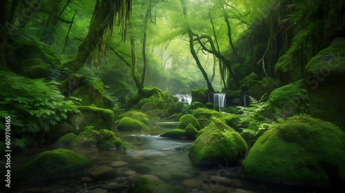 Green magical forest river nature background generative ai
