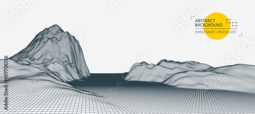 Abstract wireframe mountain background. Modern science or technology art elements. Surface illustration.